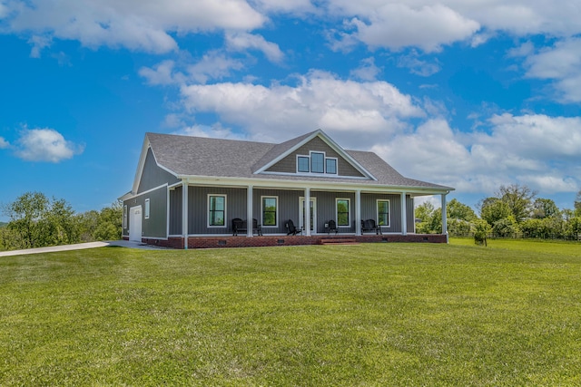 269 Ashley Camp Rd, Harrodsburg, KY 40330 - farmhouse-style home with covered porch, a front yard, an attached garage, and a shingled roof