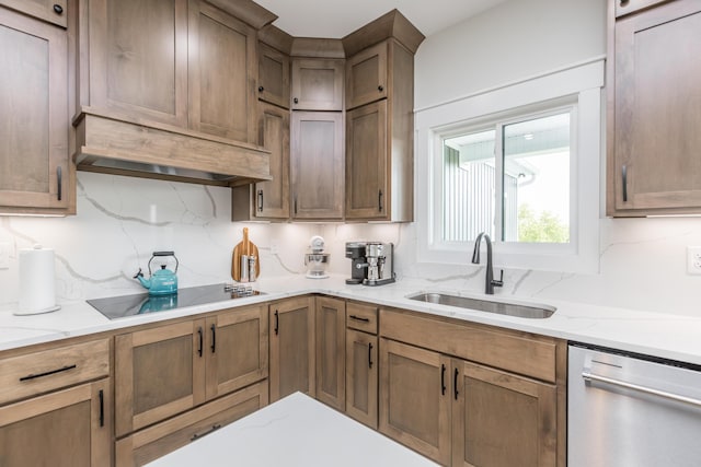 269 Ashley Camp Rd, Harrodsburg, KY 40330 - kitchen featuring stainless steel dishwasher, a sink, black electric stovetop, custom range hood, and decorative backsplash