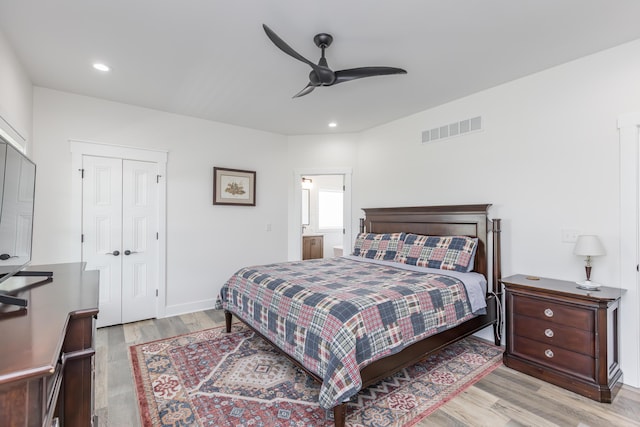 269 Ashley Camp Rd, Harrodsburg, KY 40330 - bedroom with light wood-style floors, a closet, recessed lighting, a ceiling fan, and baseboards