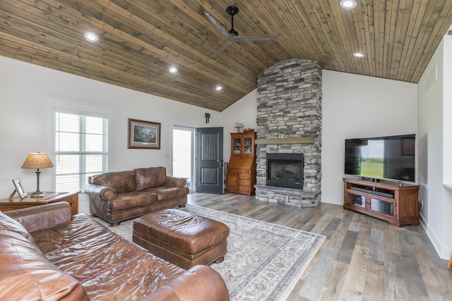 269 Ashley Camp Rd, Harrodsburg, KY 40330 - living area with wood ceiling, ceiling fan, a stone fireplace, wood finished floors, and recessed lighting
