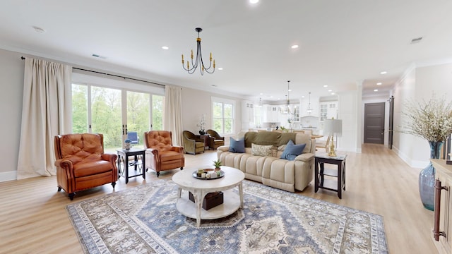 840 A T Dean Rd, Harrodsburg, KY 40330 - living area featuring a chandelier, ornamental molding, light wood-style flooring, recessed lighting, and baseboards