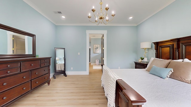 840 A T Dean Rd, Harrodsburg, KY 40330 - bedroom with light wood-style floors, a chandelier, baseboards, ornamental molding, and recessed lighting