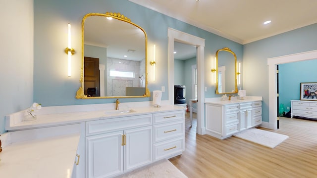 840 A T Dean Rd, Harrodsburg, KY 40330 - full bath with a shower stall, two vanities, wood finished floors, and ornamental molding