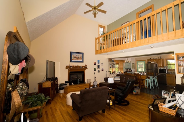 388 Mc Roberts Rd, Wallingford, KY 41093 - living area featuring high vaulted ceiling, wood finished floors, and ceiling fan