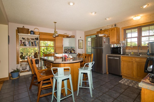 388 Mc Roberts Rd, Wallingford, KY 41093 - kitchen featuring stainless steel appliances, a sink, plenty of natural light, an island with sink, and a textured ceiling