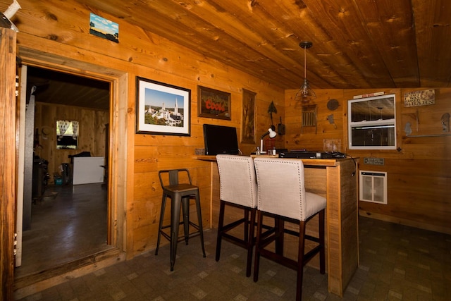 388 Mc Roberts Rd, Wallingford, KY 41093 - indoor bar featuring wooden walls, wooden ceiling, heating unit, and hanging light fixtures