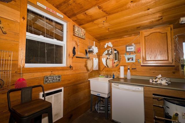 388 Mc Roberts Rd, Wallingford, KY 41093 - kitchen with white dishwasher, lofted ceiling, wooden ceiling, and wood walls