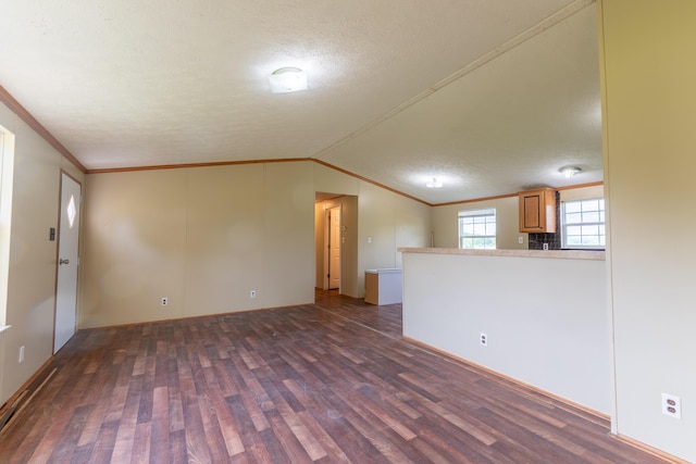 662 Clifty Hill Rd, Science Hill, KY 42553 - unfurnished living room featuring wood finished floors, crown molding, a textured ceiling, and vaulted ceiling