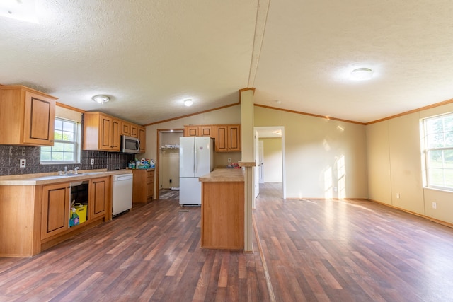 662 Clifty Hill Rd, Science Hill, KY 42553 - kitchen with white appliances, ornamental molding, dark wood-type flooring, light countertops, and plenty of natural light