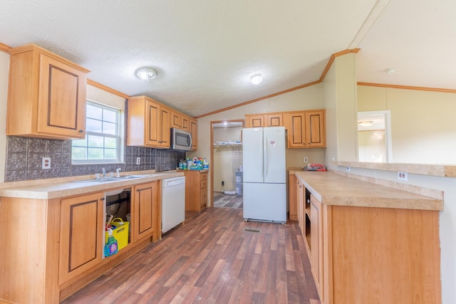 662 Clifty Hill Rd, Science Hill, KY 42553 - kitchen with white appliances, lofted ceiling, a sink, crown molding, and wood finished floors