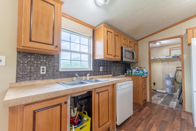 662 Clifty Hill Rd, Science Hill, KY 42553 - kitchen with dishwasher, ornamental molding, stainless steel microwave, dark wood-style floors, and a sink