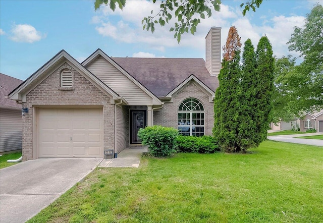 ranch-style home featuring brick siding, driveway, a front lawn, and a garage