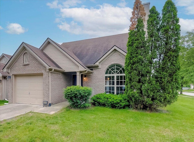 ranch-style house featuring a garage, brick siding, a front yard, concrete driveway, and a chimney