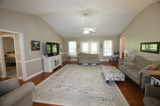 71 View Point Dr, Somerset, KY 42503 - living room with vaulted ceiling, ceiling fan, dark wood-type flooring, and baseboards