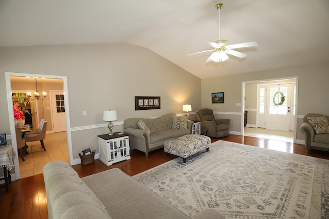 71 View Point Dr, Somerset, KY 42503 - living area featuring vaulted ceiling, a chandelier, wood finished floors, ceiling fan, and baseboards