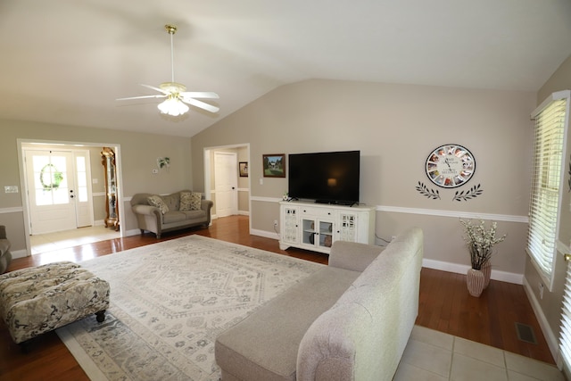 71 View Point Dr, Somerset, KY 42503 - living room featuring lofted ceiling, a ceiling fan, baseboards, and wood finished floors