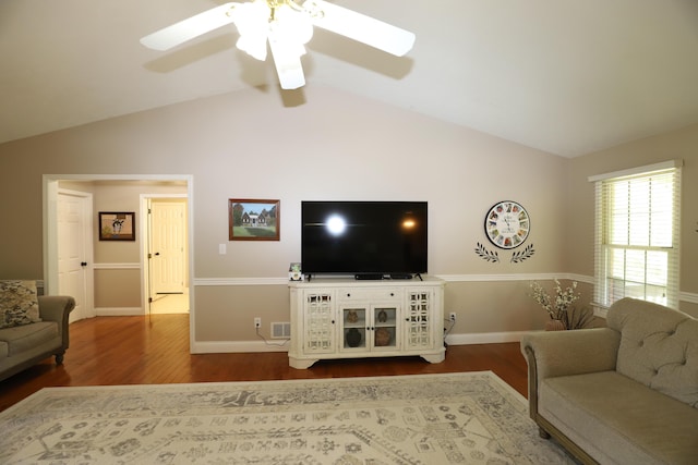 71 View Point Dr, Somerset, KY 42503 - living room featuring wood finished floors, ceiling fan, vaulted ceiling, and baseboards
