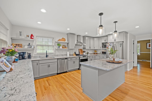 3540 Cornwall Dr, Lexington, KY 40503 - kitchen featuring stainless steel appliances, open shelves, a sink, gray cabinets, and recessed lighting