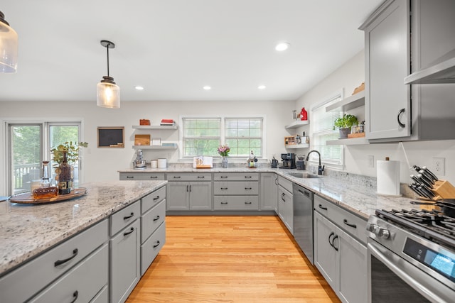 3540 Cornwall Dr, Lexington, KY 40503 - kitchen featuring open shelves, gray cabinets, a sink, stainless steel appliances, and light wood-type flooring