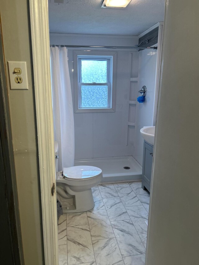 842 Lower Cane Creek Rd, Stanton, KY 40380 - bathroom featuring marble finish flooring, a shower stall, toilet, and vanity