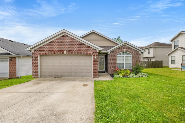 ranch-style home with brick siding, driveway, an attached garage, and a front yard