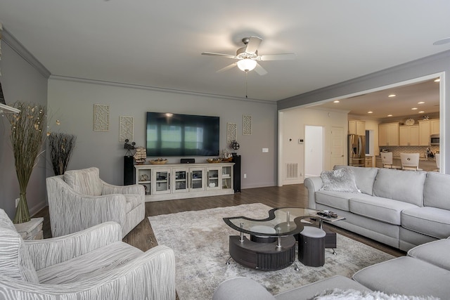 465 Manitoba Ln, Lexington, KY 40515 - living room with a ceiling fan, ornamental molding, dark wood-style flooring, baseboards, and recessed lighting