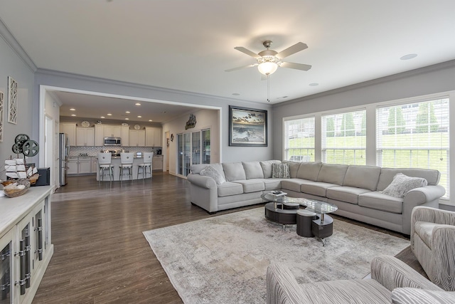 465 Manitoba Ln, Lexington, KY 40515 - living room with ornamental molding, ceiling fan, dark wood-style floors, and recessed lighting