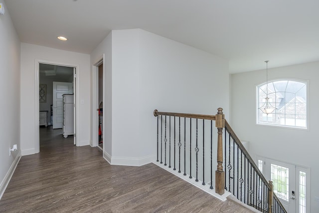 465 Manitoba Ln, Lexington, KY 40515 - hall featuring an upstairs landing, dark wood-type flooring, a chandelier, baseboards, and recessed lighting