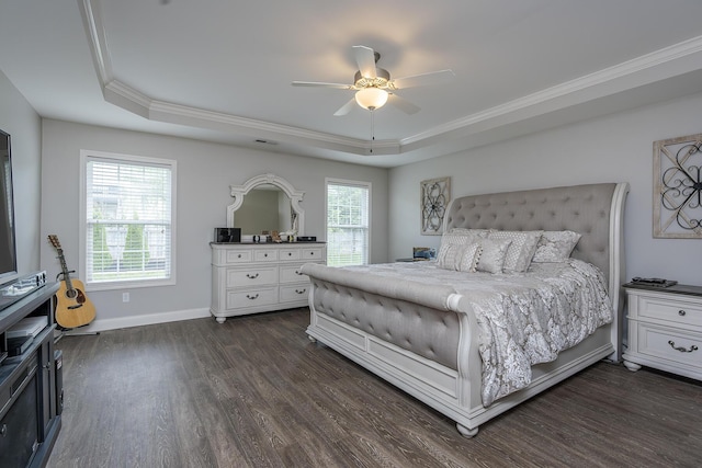 465 Manitoba Ln, Lexington, KY 40515 - bedroom featuring a tray ceiling, ornamental molding, dark wood-type flooring, baseboards, and ceiling fan