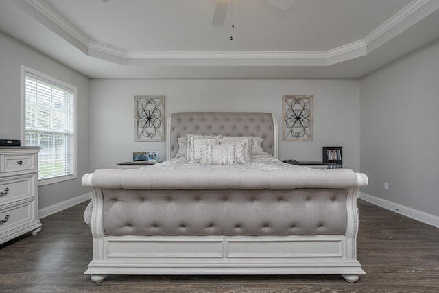 465 Manitoba Ln, Lexington, KY 40515 - bedroom with ornamental molding, baseboards, a raised ceiling, dark wood finished floors, and ceiling fan