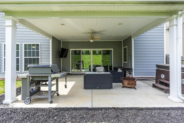 465 Manitoba Ln, Lexington, KY 40515 - view of patio / terrace with ceiling fan, an outdoor living space with a fire pit, and a grill