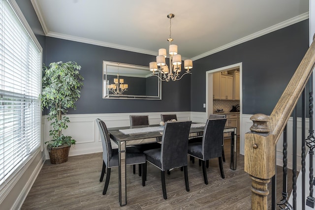 465 Manitoba Ln, Lexington, KY 40515 - dining space with a chandelier, ornamental molding, dark wood-style flooring, and wainscoting