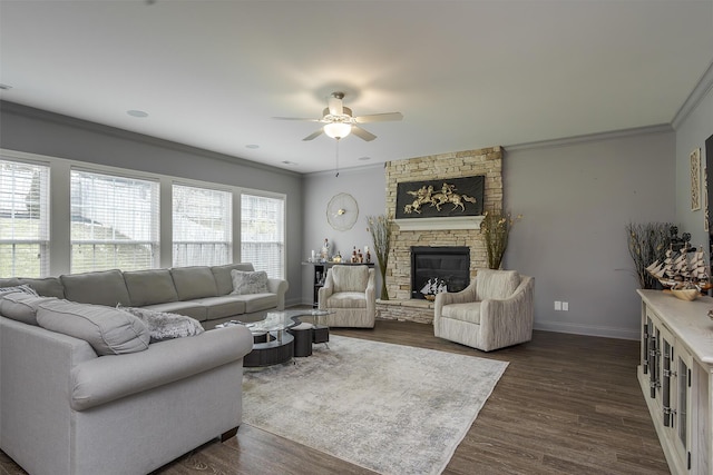 465 Manitoba Ln, Lexington, KY 40515 - living area with a ceiling fan, baseboards, ornamental molding, a fireplace, and dark wood finished floors