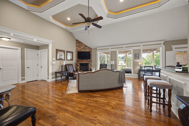 43 Enclave Dr, Somerset, KY 42503 - living area featuring a stone fireplace, ceiling fan, wood finished floors, lofted ceiling, and recessed lighting