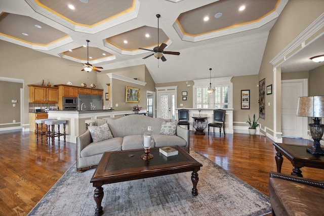 43 Enclave Dr, Somerset, KY 42503 - living area featuring a ceiling fan, dark wood finished floors, coffered ceiling, a towering ceiling, and baseboards