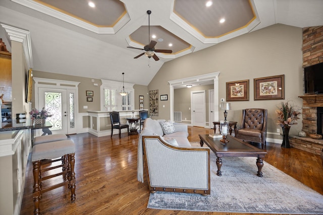 43 Enclave Dr, Somerset, KY 42503 - living room with a stone fireplace, a ceiling fan, wood finished floors, high vaulted ceiling, and recessed lighting