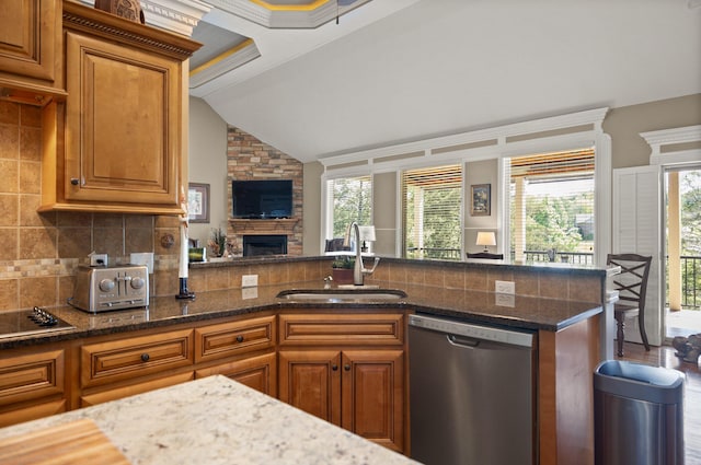 43 Enclave Dr, Somerset, KY 42503 - kitchen with dishwasher, a sink, a stone fireplace, brown cabinetry, and lofted ceiling