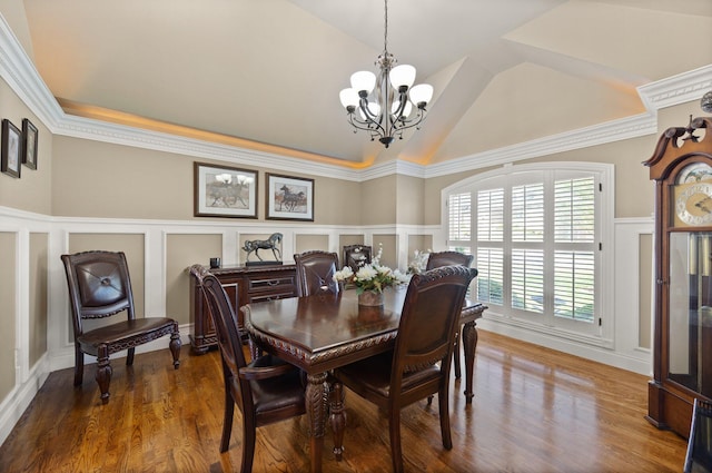 43 Enclave Dr, Somerset, KY 42503 - dining room with a decorative wall, a chandelier, wainscoting, vaulted ceiling, and wood finished floors