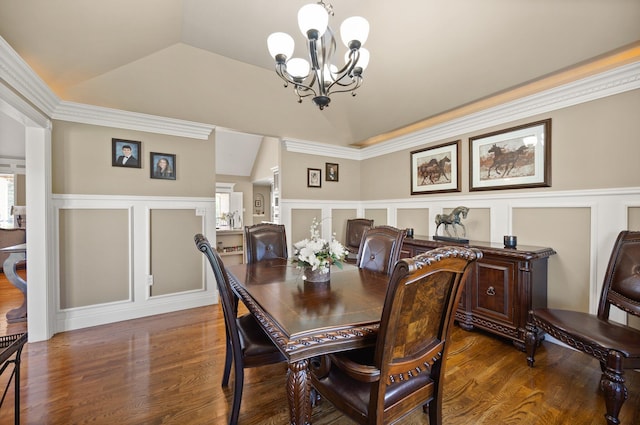 43 Enclave Dr, Somerset, KY 42503 - dining area with a decorative wall, a chandelier, wood finished floors, a wainscoted wall, and ornamental molding