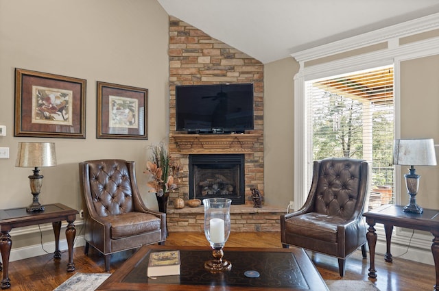 43 Enclave Dr, Somerset, KY 42503 - living room featuring wood finished floors, lofted ceiling, a fireplace, and baseboards