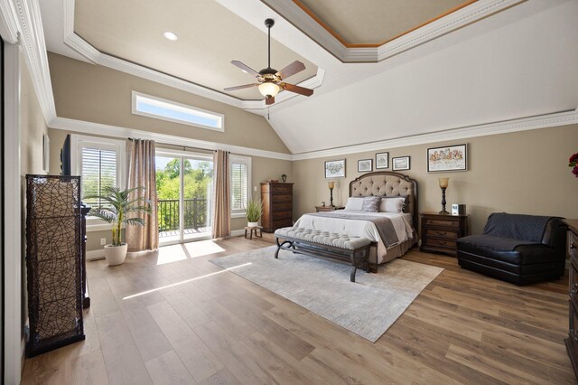 43 Enclave Dr, Somerset, KY 42503 - bedroom featuring wood finished floors, access to exterior, ornamental molding, a ceiling fan, and lofted ceiling