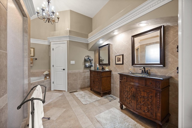 43 Enclave Dr, Somerset, KY 42503 - bathroom with tile walls, tile patterned floors, two vanities, a chandelier, and a towering ceiling