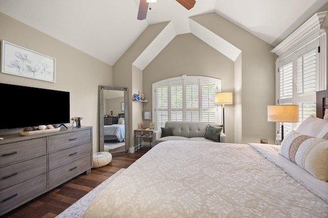 43 Enclave Dr, Somerset, KY 42503 - bedroom with dark wood-type flooring, multiple windows, ceiling fan, and high vaulted ceiling
