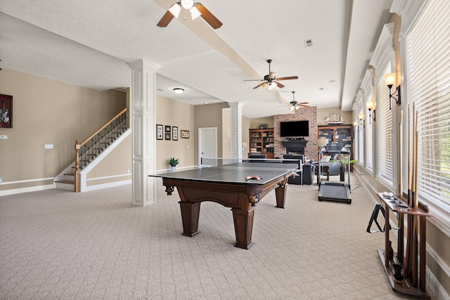 43 Enclave Dr, Somerset, KY 42503 - game room with ceiling fan, carpet floors, ornate columns, and a fireplace