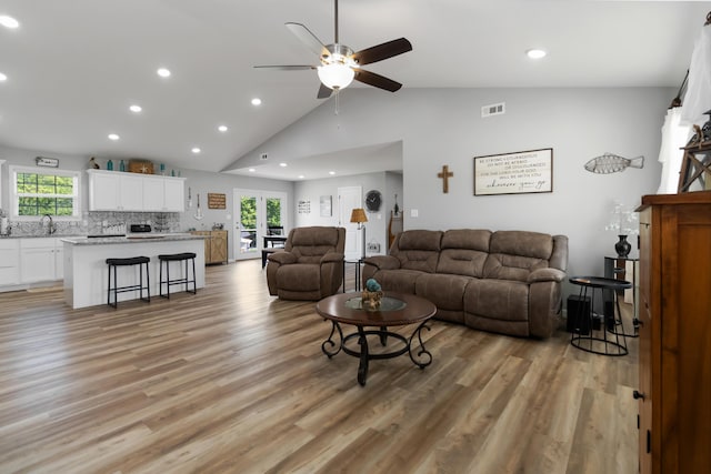 350 Misty Dr, Somerset, KY 42503 - living area featuring ceiling fan, healthy amount of natural light, light wood-style floors, recessed lighting, and high vaulted ceiling