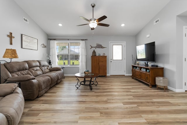 350 Misty Dr, Somerset, KY 42503 - living room featuring lofted ceiling, a ceiling fan, light wood-type flooring, baseboards, and recessed lighting