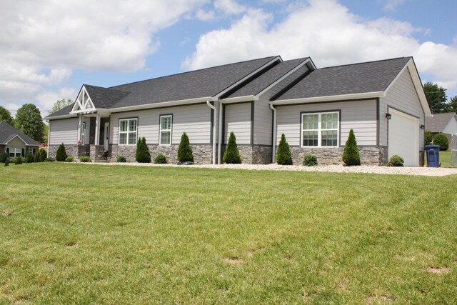 156 Kaydons Way, Somerset, KY 42503 - craftsman house with stone siding, an attached garage, a front lawn, and roof with shingles