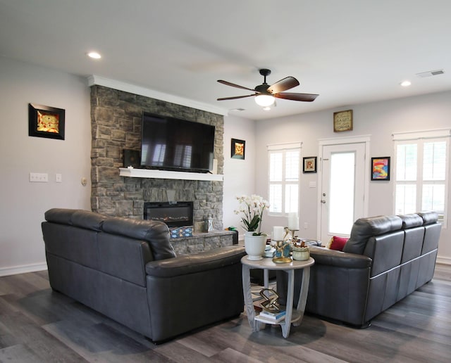 156 Kaydons Way, Somerset, KY 42503 - living room featuring ceiling fan, a stone fireplace, dark wood-style floors, baseboards, and recessed lighting