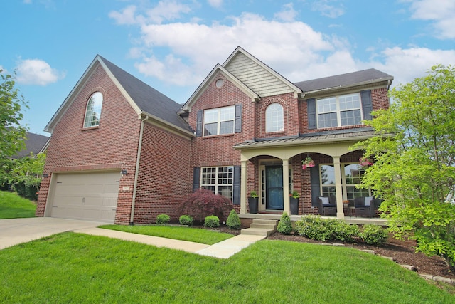 2812 Jenna Rst, Lexington, KY 40511 - traditional-style house with a porch, an attached garage, brick siding, driveway, and a front lawn