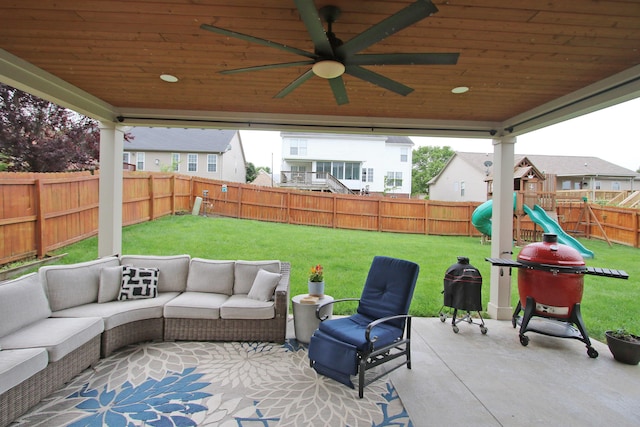 2812 Jenna Rst, Lexington, KY 40511 - view of patio / terrace featuring outdoor lounge area, a playground, a ceiling fan, and a residential view